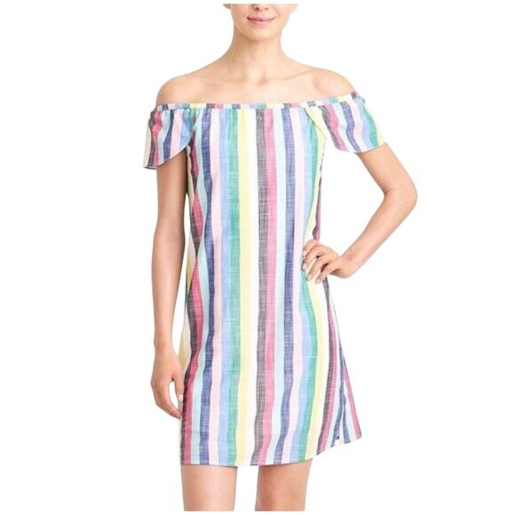 J.CREW Colorful Cotton Cabana Stripe Off Shoulder Shift Dress 2 Preppy Summer - Picture 1 of 6